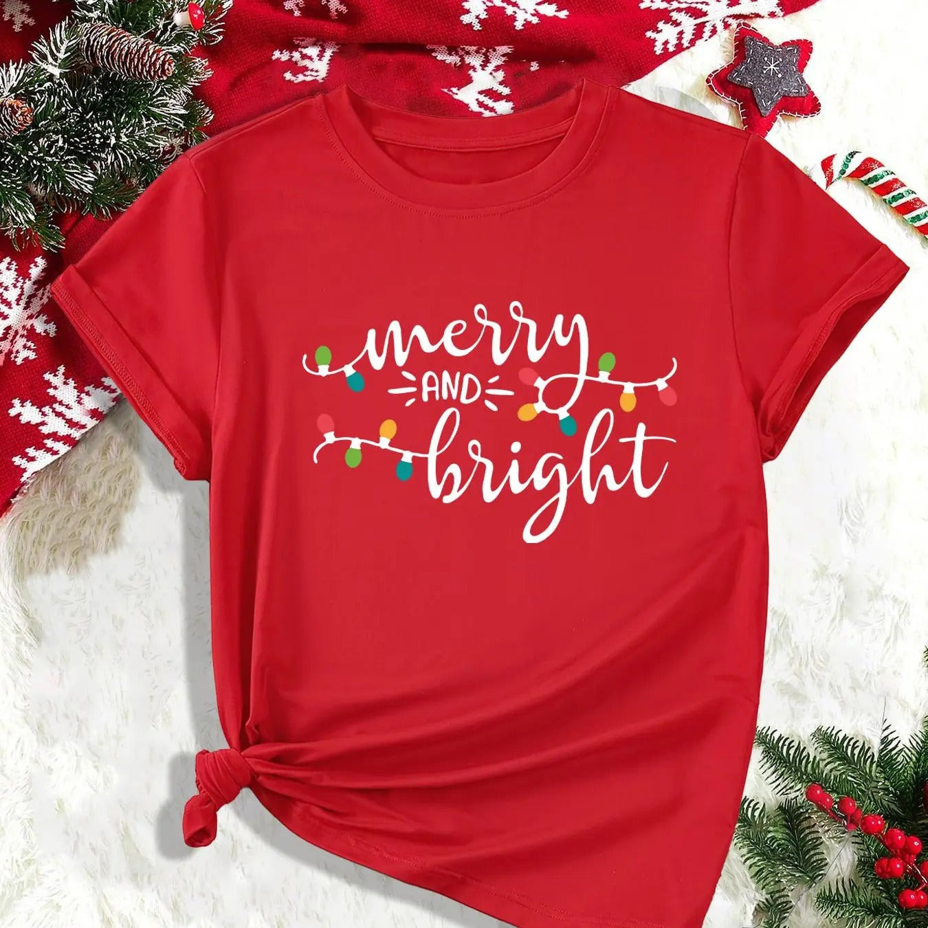 Women's Letter & Christmas Print Round Neck Tee, Casual Short Sleeve Crew Neck T-shirt for Fall & Winter, Women's Top for...