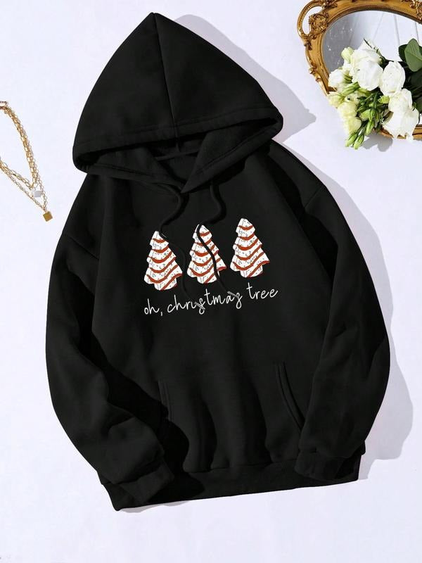Women's Letter & Christmas Tree Print Drawstring Hoodie, Fashion Casual Hooded Sweatshirt for Daily Holiday Outdoor Wear,...