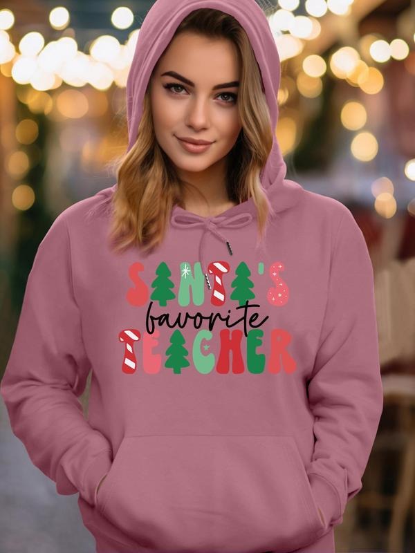 Letter & Tree Print Drawstring Pocket Casual Long Sleeve Hooded Fall & Winter Clothes Daily T-Shirts, Hoodie, Sweatshirt