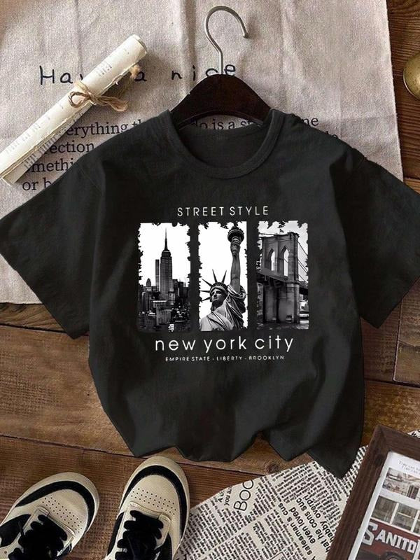 Women's Letter & City Print Drop Shoulder Tee, Street Style Short Sleeve Round Neck T-Shirt for Summer, Casual Women's...