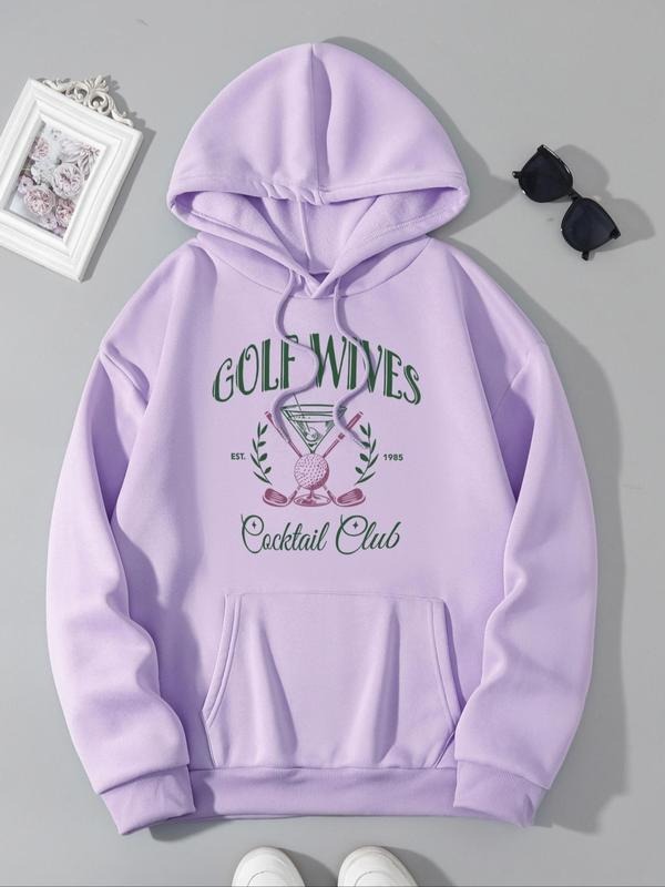 Women's Letter & Cocktail Print Drop Shoulder Hoodie, Fashion Casual Drawstring Pocket Hooded Sweatshirt for Daily...