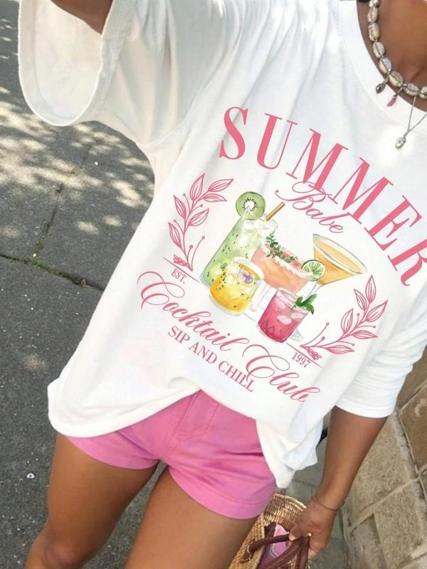 Women's Letter & Cocktail Print Round Neck Tee, Casual Short Sleeve Crew Neck T-shirt for Summer, Fashion Women's Top for...
