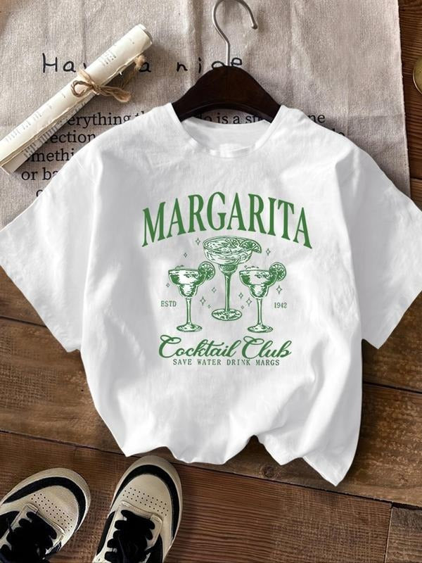 Women's Letter & Cocktail Print Round Neck Tee, Trendy Casual Crew Neck Short Sleeve T-shirt for Daily Wear, Ladies...
