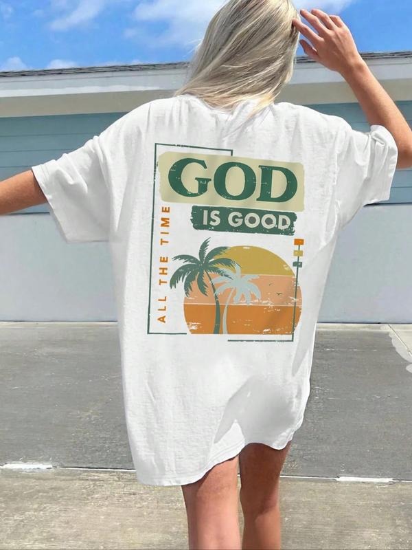 Women's Letter & Coconut Tree Print Round Neck Tee, Graphic Tees, Casual Short Sleeve Crew Neck T-shirt for Summer,...