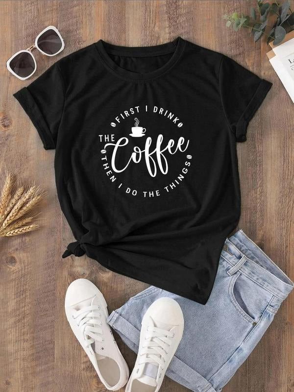 Women's Letter & Coffee Print Round Neck Tee, Fashion Casual Short Sleeve T-Shirt for Daily Wear, Ladies All Seasons...