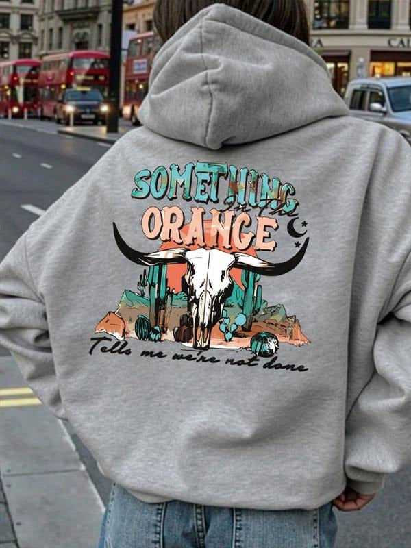 Women's Letter & Cow Head Print Drop Shoulder Hoodie, Fashion Casual Drawstring Pocket Hooded Sweatshirt for Daily...