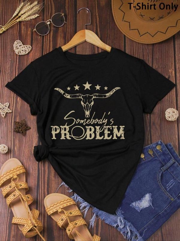 Women's Letter & Cow Head Print Round Neck Tee, Western Style Short Sleeve T-Shirt, Ladies Summer Outfit Hoodie, Sweatshirt