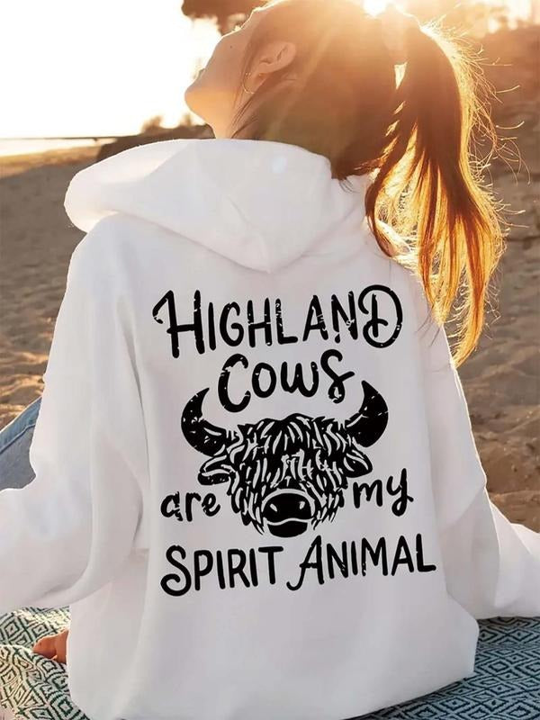 Women's Letter & Cow Print Drop Shoulder Hoodie, Fashion Casual Drawstring Pocket Hooded Sweatshirt for Daily Holiday...