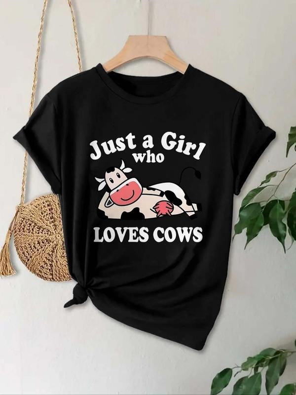 Women's Letter & Cow Print Round Neck Tee, Casual Crew Neck Short Sleeve T-Shirt, Ladies All Seasons Outfit Hoodie,...