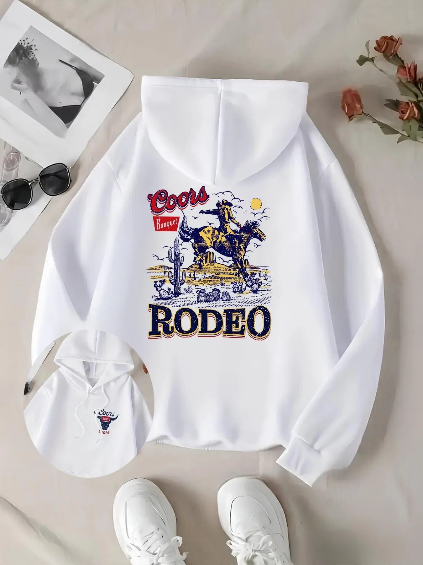Women's Letter & Cowboy Print Drop Shoulder Hoodie, Fashion Casual Drawstring Pocket Hooded Sweatshirt for Daily Holiday...