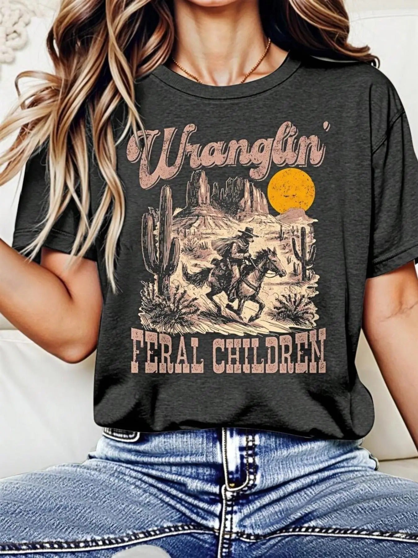 Women's Letter & Cowboy Print Round Neck Tee, Casual Short Sleeve T-shirt for Summer, Women's Top for Daily Wear Hoodie,...