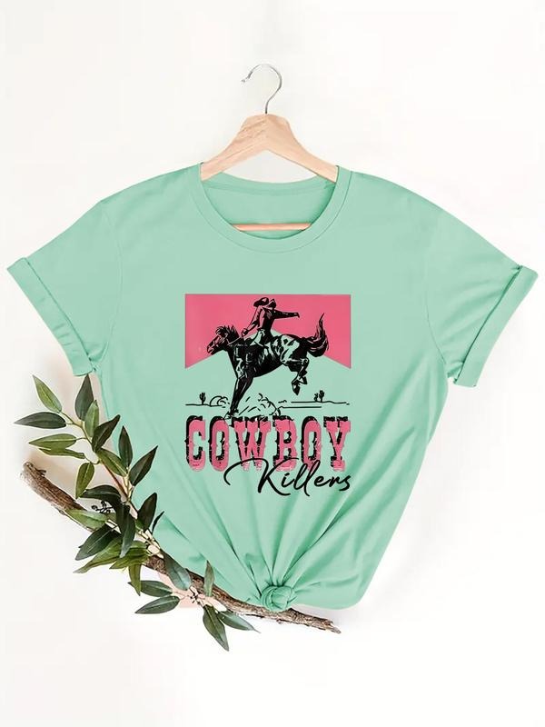 Women's Letter & Cowboy Print Round Neck Tee, Western Style Short Sleeve T-Shirt for Daily Wear, Ladies Summer Outfit...