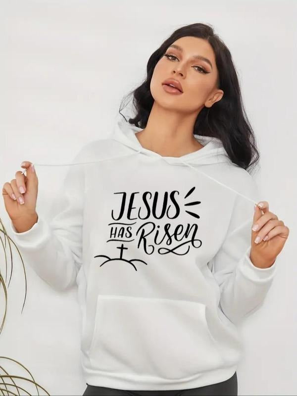 Women's Letter & Cross Print Drop Shoulder Hoodie, Fashion Casual Drawstring Pocket Hooded Sweatshirt for Daily Holiday...