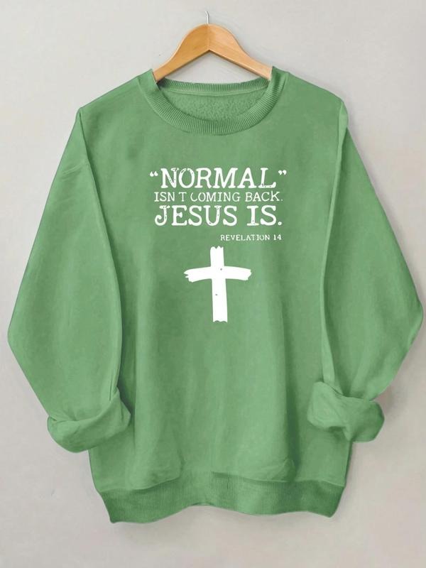 Women's Letter & Cross Print Drop Shoulder Sweatshirt, Casual Long Sleeve Round Neck Pullover for Fall & Winter, Women's...