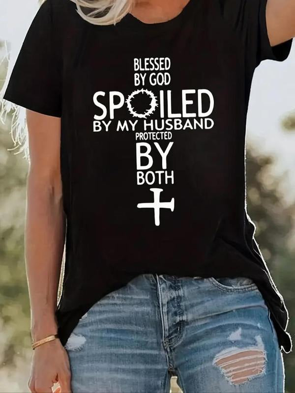 Women's Letter & Cross Print Round Neck Tee, Casual Short Sleeve Crew Neck T-shirt for Summer, Fashion Women's Top for...