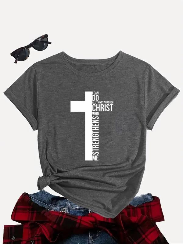 Women's Letter & Cross Print Round Neck Tee, Casual Short Sleeve Crew Neck T-shirt, Ladies Summer Outfit for Daily Wear...
