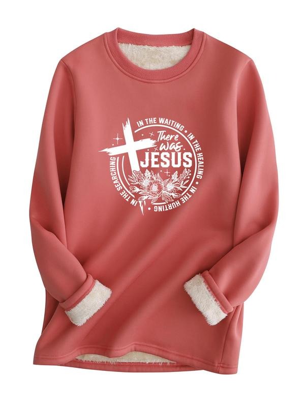 Women's Letter & Cross Print Round Neck Thermal Lined Sweatshirt, Casual Long Sleeve Crew Neck Pullover for Fall &...