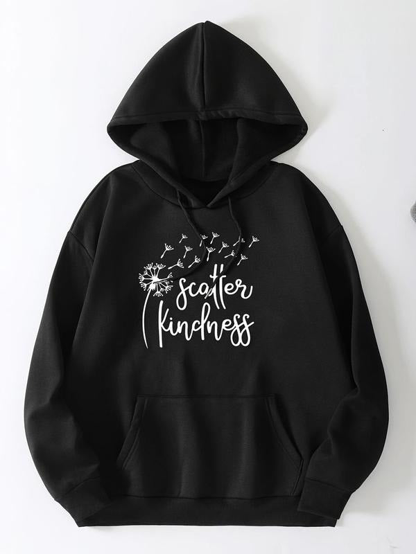 Women's Letter & Dandelion Print Drop Shoulder Hoodie, Fashion Casual Drawstring Pocket Hooded Sweatshirt for Daily...