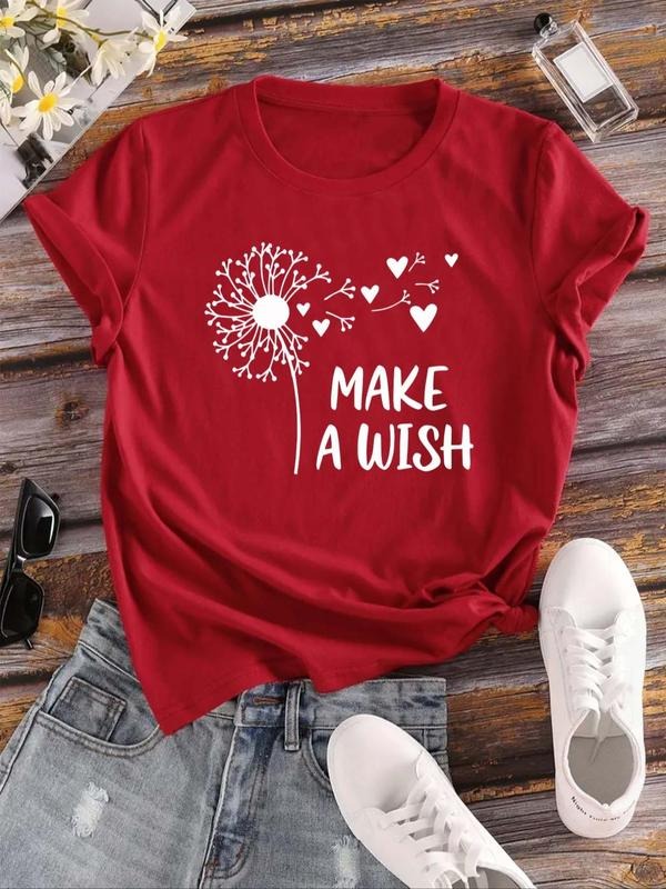 Women's Letter & Dandelion Print Round Neck Tee, Casual Short Sleeve T-shirt for Daily Wear, Ladies Summer Outfit Hoodie,...