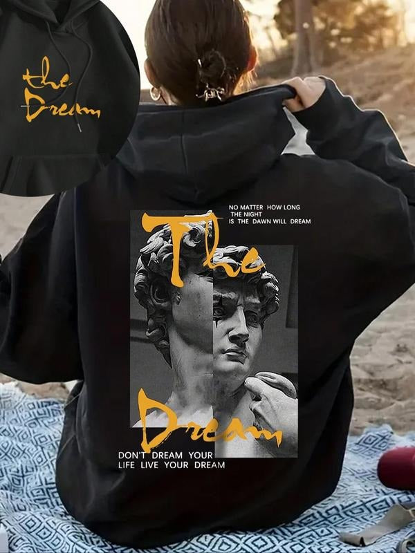 Women's Letter & David Statue Print Drop Shoulder Hoodie, Fashion Casual Drawstring Pocket Hooded Sweatshirt for Daily...
