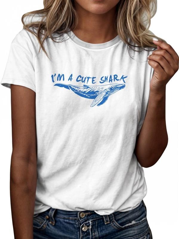 Women's Letter & Dolphin Print Round Neck Tee, Casual Short Sleeve Crew Neck T-shirt, Women's Top for Summer Daily Wear...