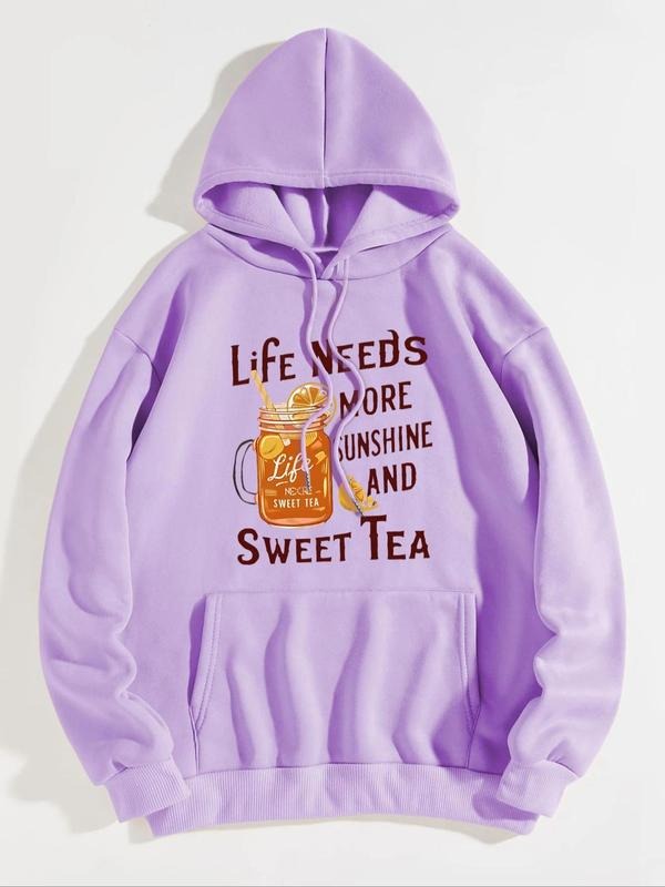 Women's Letter & Drink  Print Drop Shoulder Hoodie, Fashion Casual Drawstring Pocket Hooded Sweatshirt for Daily Holiday...