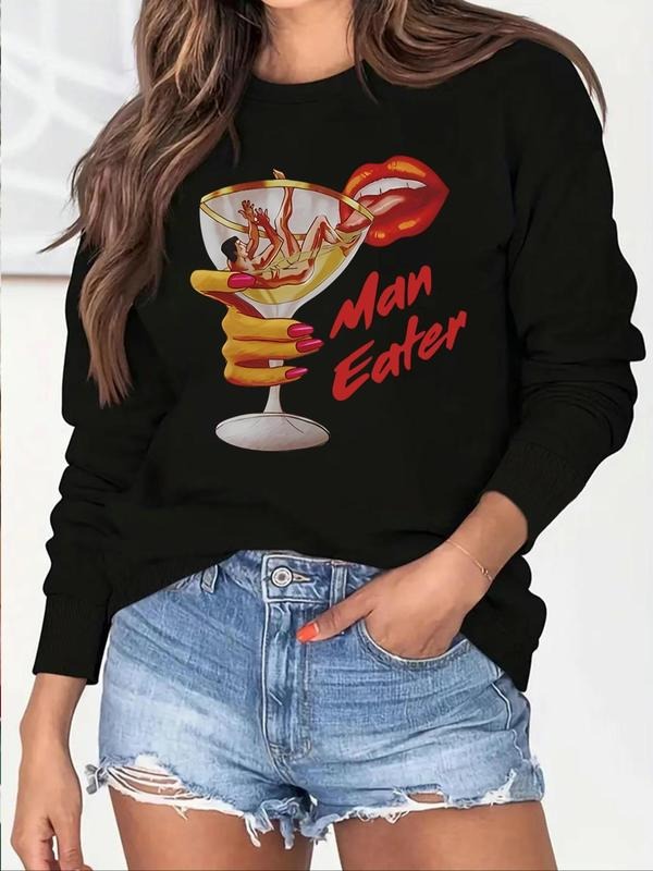 Women's Letter & Drink Print Crew Neck Sweatshirt, Casual Long Sleeve Pullover for Fall & Winter, Women's Clothes for...