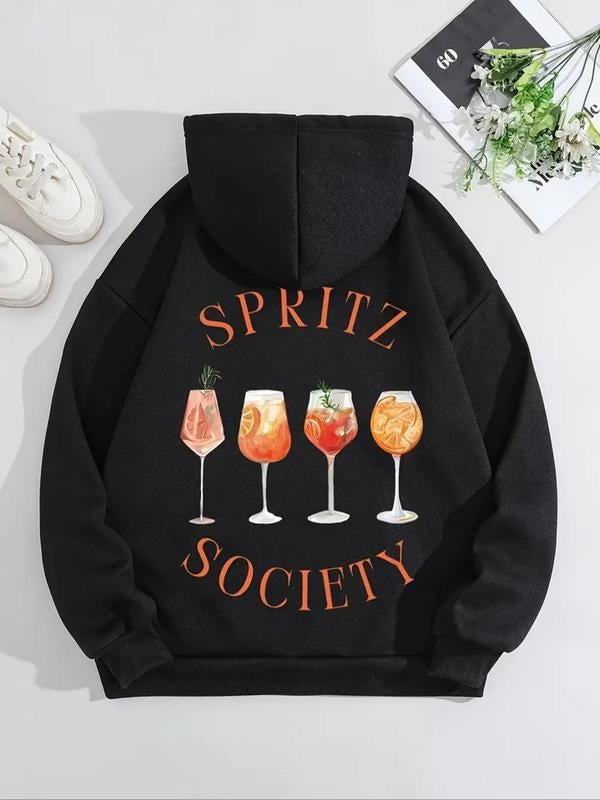 Women's Letter & Drink Print Drop Shoulder Drawstring Hoodie, Fashion Casual Kangaroo Pocket Hooded Sweatshirt for Daily...