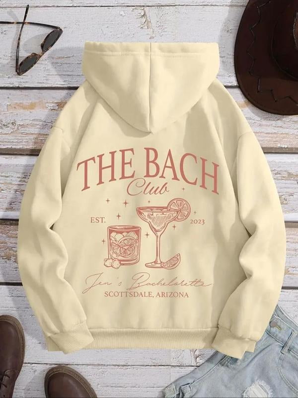 Women's Letter & Drink Print Drop Shoulder Hoodie, Fashion Casual Drawstring Pocket Hooded Sweatshirt for Daily Holiday...