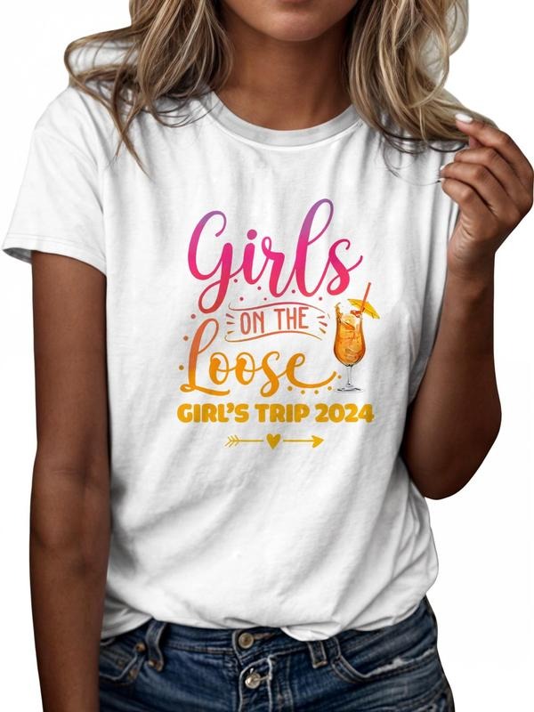 Women's Letter & Drink Print Round Neck Tee, Fashion Short Sleeve Crew Neck T-Shirt, Ladies Clothes for All Seasons...