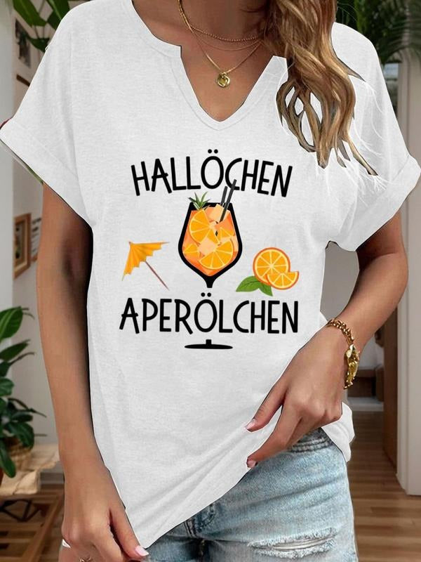 Women's Letter & Drink Print V Neck Tee, Casual Short Sleeve T-shirt for Summer, Ladies Clothes for Daily Wear, Top style...