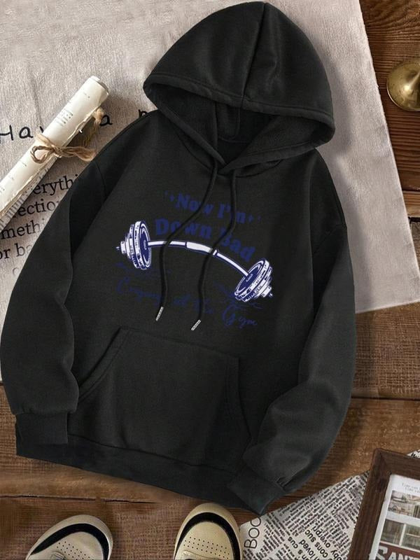 Women's Letter & Dumbbell Print Drop Shoulder Hoodie, Fashion Casual Drawstring Pocket Hooded Sweatshirt for Daily...