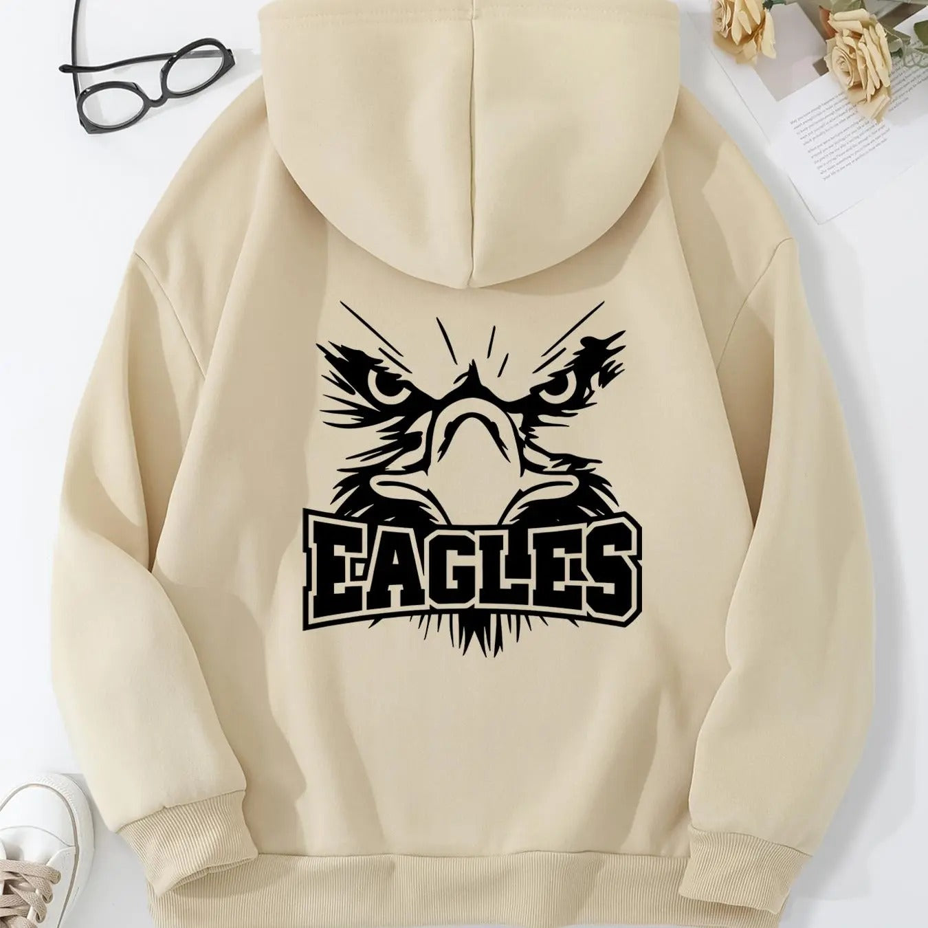 Women's Letter & Eagle Print Drawstring Pocket Hoodie, Casual Long Sleeve Hooded Sweatshirt for Fall & Winter, Daily Wear...