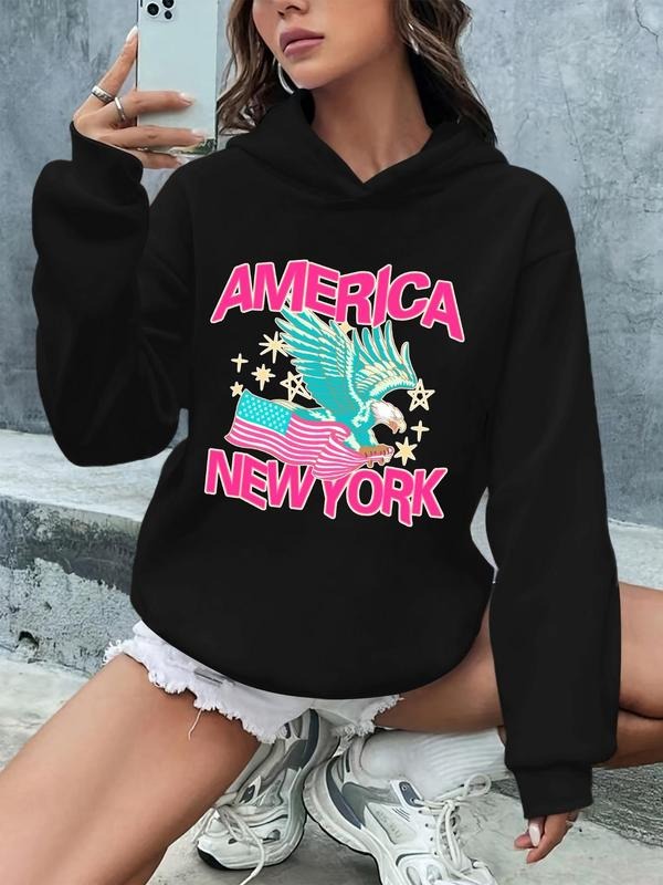 Women's Letter & Eagle Print Drop Shoulder Hoodie, Fashion Casual Long Sleeve Hooded Sweatshirt for Daily Wear, Ladies...