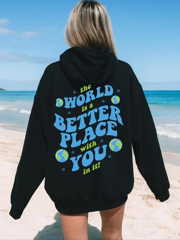 Women's Letter & Earth Print Drop Shoulder Hoodie, Fashion Casual Drawstring Pocket Hooded Sweatshirt for Daily Holiday...