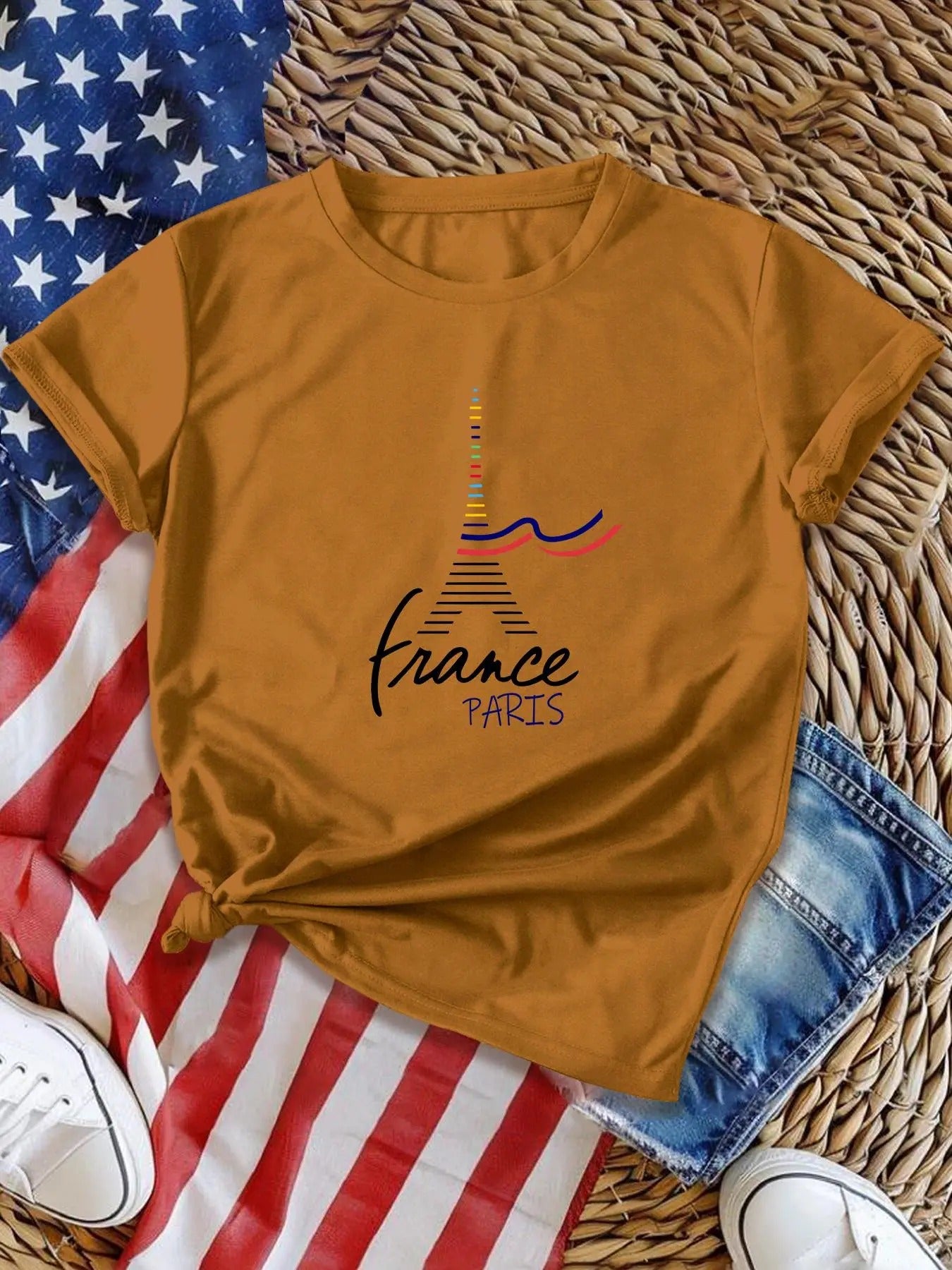 Women's Letter & Eiffel Tower  Round Neck Tee, Casual Short Sleeve  T-shirt for Daily Wear, Ladies Clothes for All...