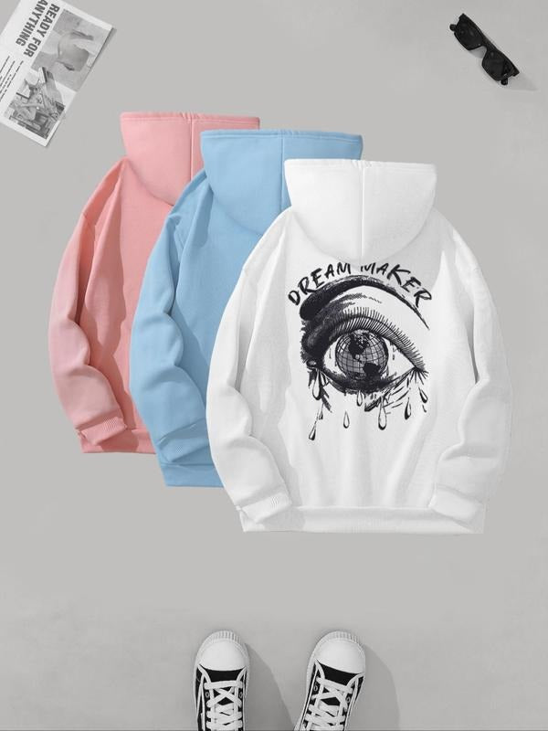 Women's Letter & Eye Print Drop Shoulder Hoodie, Fashion Casual Drawstring Pocket Hooded Sweatshirt for Daily Holiday...