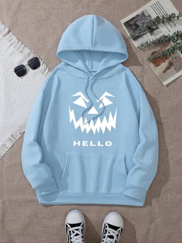Women's Letter & Face Print Drop Shoulder Hoodie, Fashion Casual Drawstring Pocket Hooded Sweatshirt for Daily Holiday...