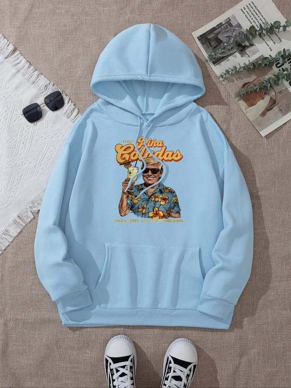 Women's Letter & Figure Print Drawstring Pocket Hoodie, Casual Long Sleeve Hooded Sweatshirt for Fall & Winter, Women's...