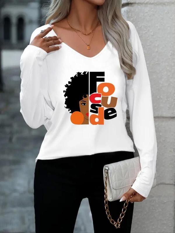 Women's Letter & Figure Print Drop Shoulder   Tee, Casual Trendy Long Sleeve V Neck T-shirt for Daily Wear, Ladies Fall &...