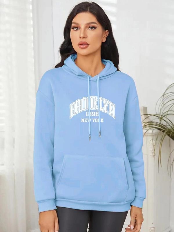 Women's Letter & Figure Print Drop Shoulder Hoodie, Casual Drawstring Kangaroo Pocket Hooded Sweatshirt for Daily Wear,...