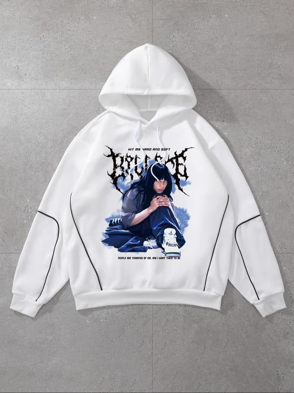 Women's Letter & Figure Print Drop Shoulder Hoodie, Fashion Casual Drawstring Hooded Sweatshirt for Daily Holiday Outdoor...