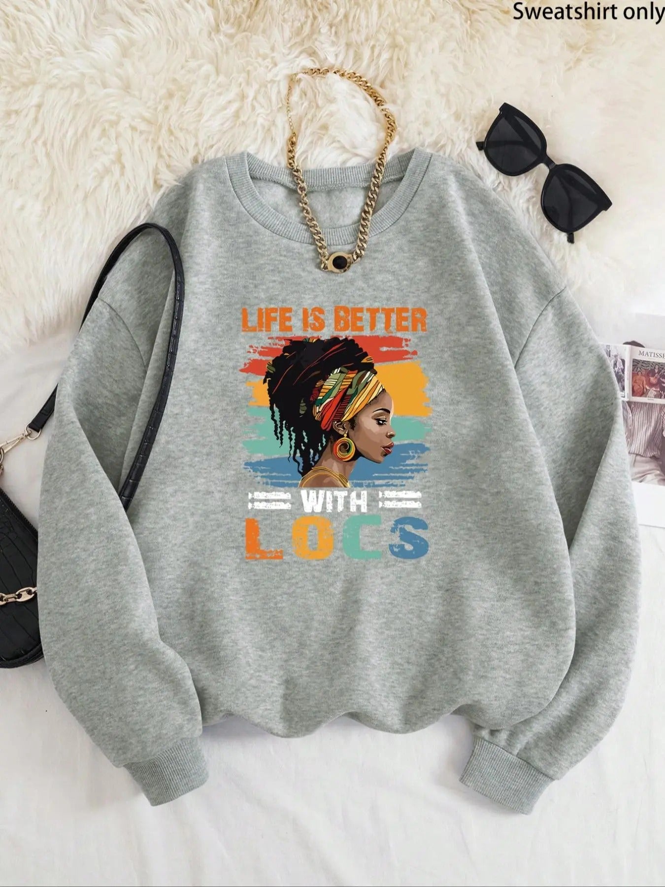Women's Letter & Figure Print Drop Shoulder Sweatshirt, Casual Long Sleeve Round Neck Pullover for Fall & Winter, Ladies...