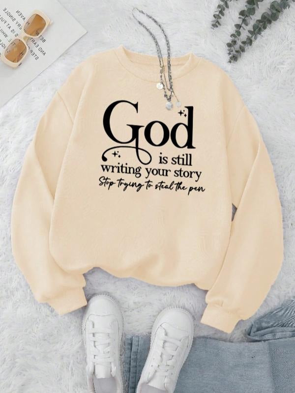 Women's Letter & Figure Print Drop Shoulder Sweatshirt, Casual Long Sleeve Round Neck Pullover for Fall & Winter, Women's...