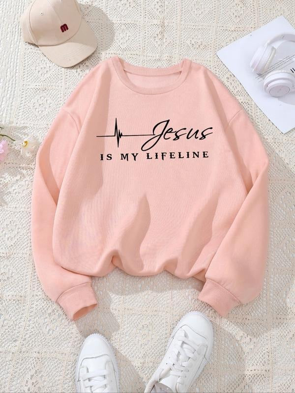 Women's Letter & Figure Print Drop Shoulder Sweatshirt, Casual Long Sleeve Round Neck Pullover for Fall & Winter, Women's...