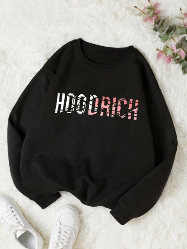 Women's Letter & Figure Print Drop Shoulder Sweatshirt, Casual Long Sleeve Round Neck Pullover for Fall & Winter, Women's...