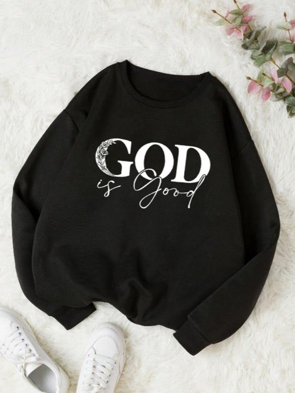 Women's Letter & Figure Print Drop Shoulder Sweatshirt, Casual Long Sleeve Round Neck Pullover for Fall & Winter, Women's...