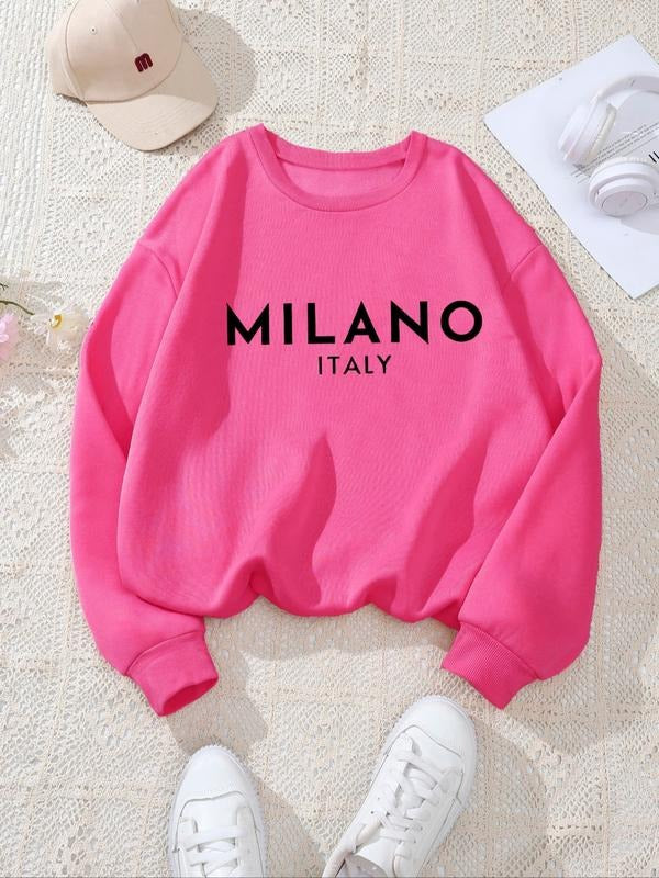 Women's Letter & Figure Print Drop Shoulder Sweatshirt, Casual Long Sleeve Round Neck Pullover for Fall & Winter, Women's...