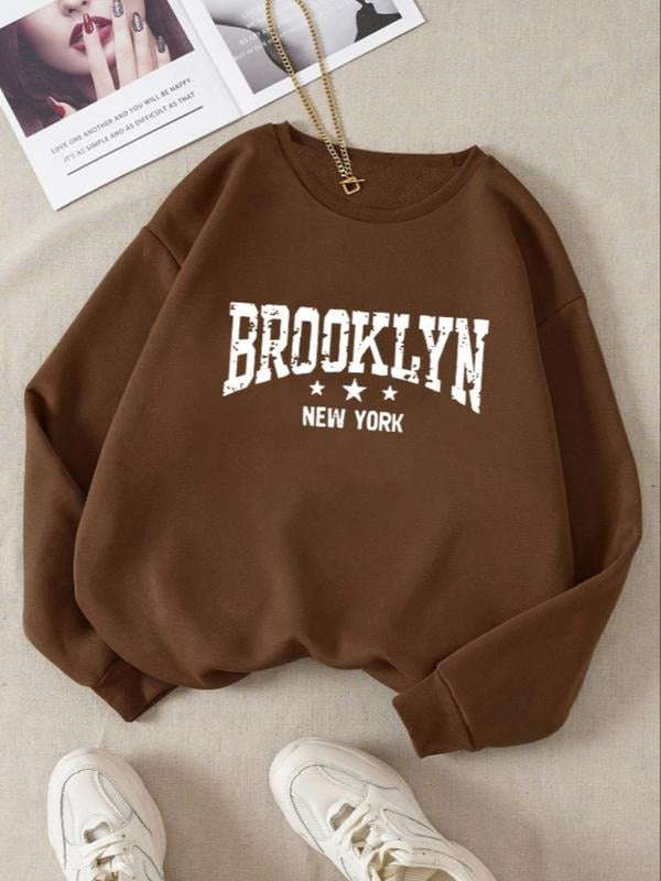 Women's Letter & Figure Print Drop Shoulder Sweatshirt, Casual Long Sleeve Round Neck Pullover for Fall & Winter, Women's...
