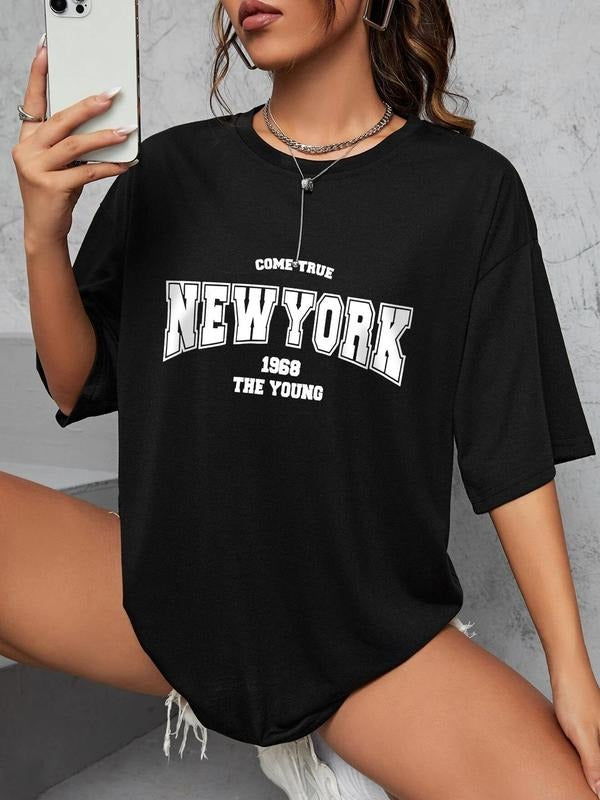 Women's Letter & Figure Print Round Neck Graphic Tee, Vintage Trendy Casual Drop Shoulder Half Sleeve T-shirt for Daily...